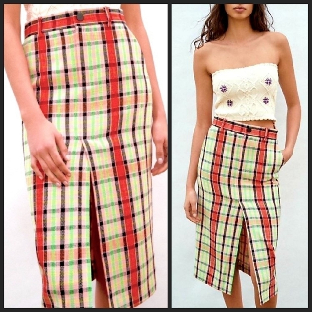 NEW! ZARA Textured Plaid Pencil Midi Skirt Small.